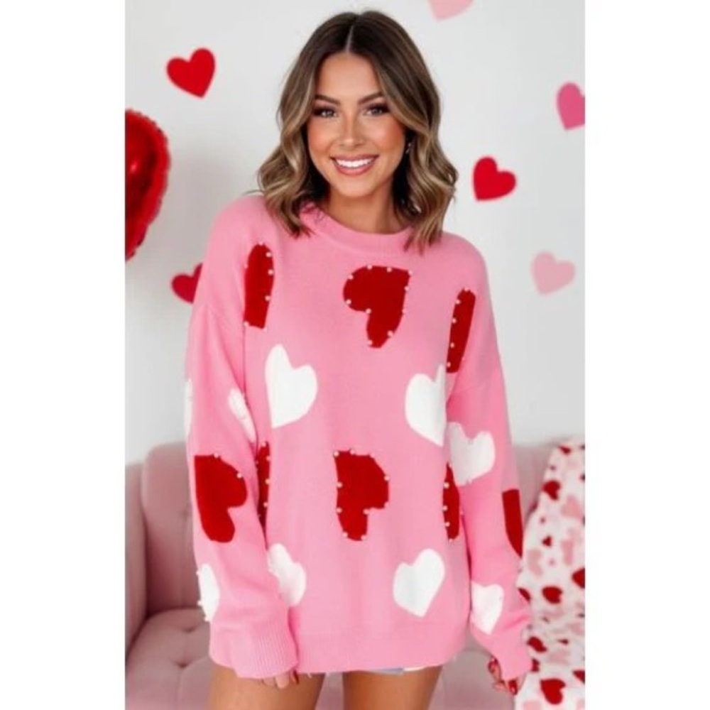 BRAND NEW WITH TAGS Pink Heart Pearl Trim Sweater – Oversized Valentine Pullover